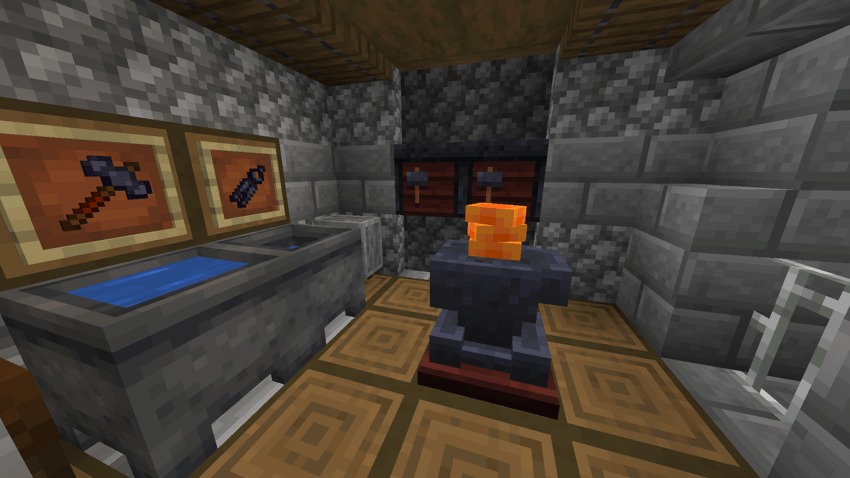A blacksmith's workspace made using the Hot Iron mod for Minecraft.
